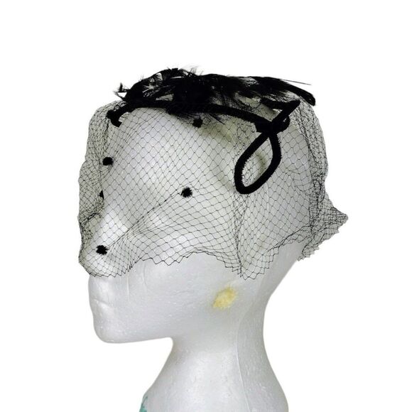 Vintage 40's 50's Black Velvet & Feathers Net Wired Fascinator Head Piece Hat - Picture 8 of 12